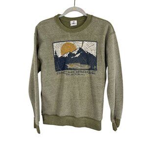 Anchorage Alaska Sunset Graphic Crew Sweatshirt S Green Fleece Mountains 80s